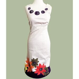 Boden Flower Applique Sheath Dress White Cotton Blend Sleeveless US 4L UK 8L